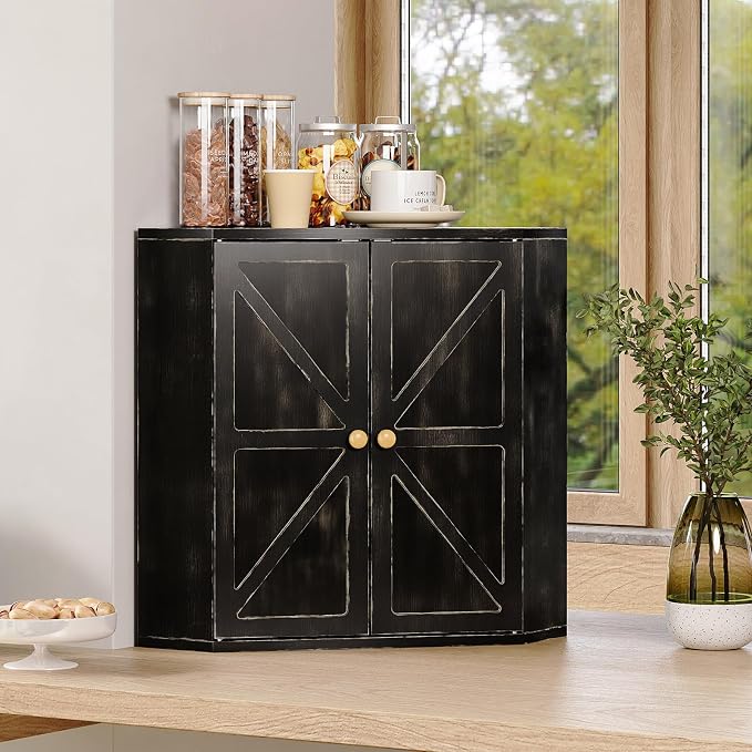 Trironsun Corner Bread Box for Kitchen Counter Double Layer Bamboo Bread Storage Container Large Capacity Bread Storage Bin Farmhouse Breadbox Organizer (Antique Black)