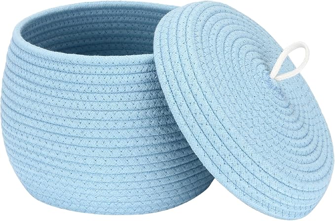 Sea Team Round Woven Cotton Rope Storage Basket with Lid, Blue | Lidded Knitted Decorative Storage Bin, Pot, Caddy, Organizer, Container for Snacks, Towels, Plants, 10 x 7.5 Inches