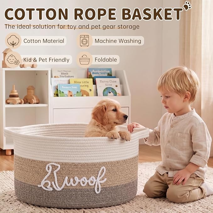 OIAHOMY 30L Large Dog Toy Basket, 17.8"×13"×10" Cotton Rope Basket with Cute Woof Embroidery, Soft Woven Pet Toy Box with Handles for Blankets, Leashes & Puppy Accessories, Decorative Organizer Brown