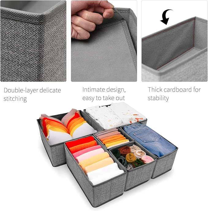 Foldable Underwear Drawer Organizer, Closet Dividers, Storage Box for Clothes, Socks (6 Bins, Gray)