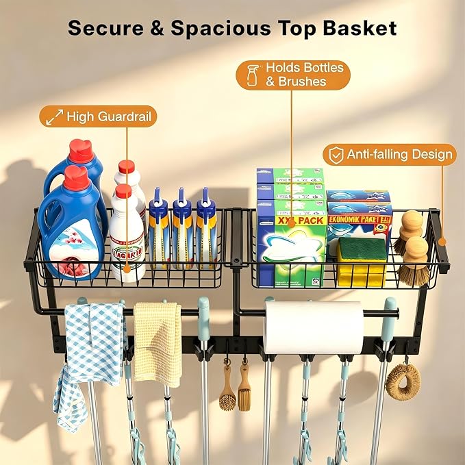 Broom Holder Wall Mount with Paper Towel Holder& Removable Anti-fall Basket | Broom and Mop Organizer Wall Mount Cleaning Supplies Organizer for Laundry Room, Apartment, Utility Room