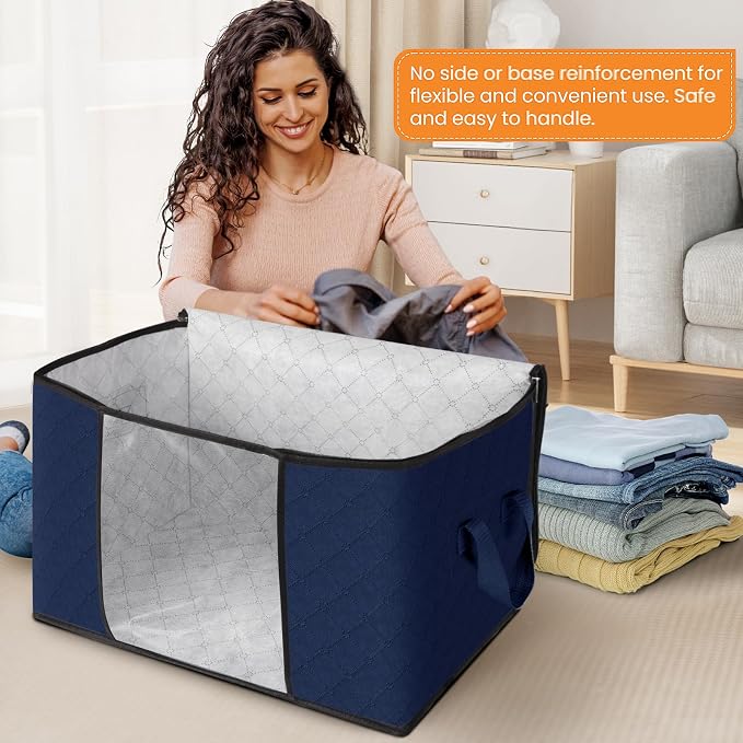 90L Clothes Storage, Foldable Thick Fabric Blanket Storage Bags | Foldable Containers with Zippers,Window and Handles for Organizing Bedroom, Closet, Comforter, Bedding,Dorm essentials