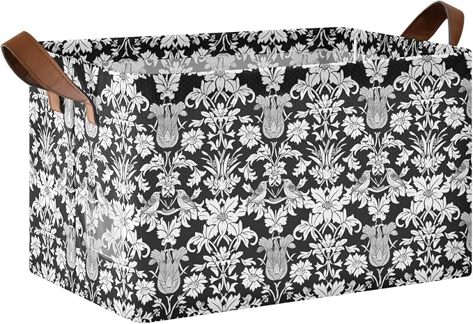 Black and White Cottage Floral Birds Storage Bins for Shelves with Labels&Handles Fabric Organizer Bin Foldable Rectangle Storage Basket Boxes for Closet, Bathroom, Home, Living Room