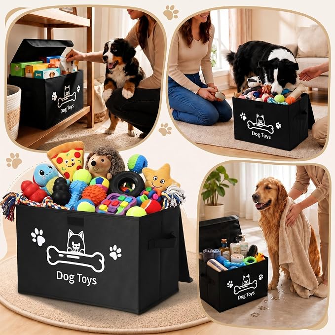 Novabright Dog Toy Basket with Lid Foldable Dog Toy Storage Bin with Clear Window Large Pet Storage Box with Handles for Pet Essentials Organization, 14.9 x 9.8 x 9.8 Inch(Black)