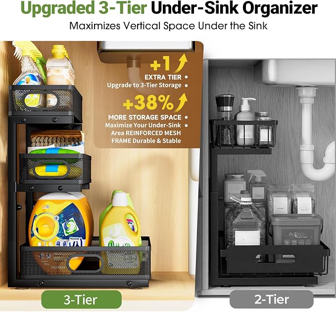 Under Sink Organizer 3 Tier, 4 Pack L-Shaped Pull-Out Cabinet Organizer with Sliding Metal Mesh Drawers, Height Adjustable Under Sink Storage Rack for Kitchen Bathroom Cabinet, Black