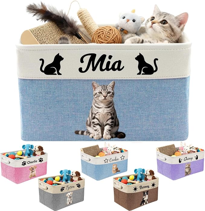 Amlion Personalized Dog Toy Basket Storage,Custom Pet Collapsible Bins with Name Photo Customized Box Organizer for Toys Dolls Clothing - Blue