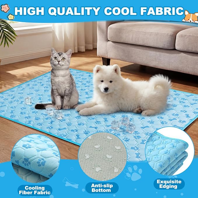Hahafelt 4 Pack Dog Cooling Mat with Storage Bag 40" x 28" Blue Ice Silk Cooling Mat for Dogs Cats Washable Foldable Pet Sleeping Pad for Crate Bed Indoor and Outdoor Floor