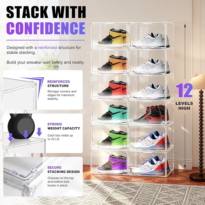 10 Pack Clear Acrylic Shoe Sneaker Boxes Fits Size 13, Wide Magnetic Door | Stackable shoe showcase for sneakers, high tops, large shoes, shoe collection display storage. Exterior 14.1 x 10.6 x 8.9 in