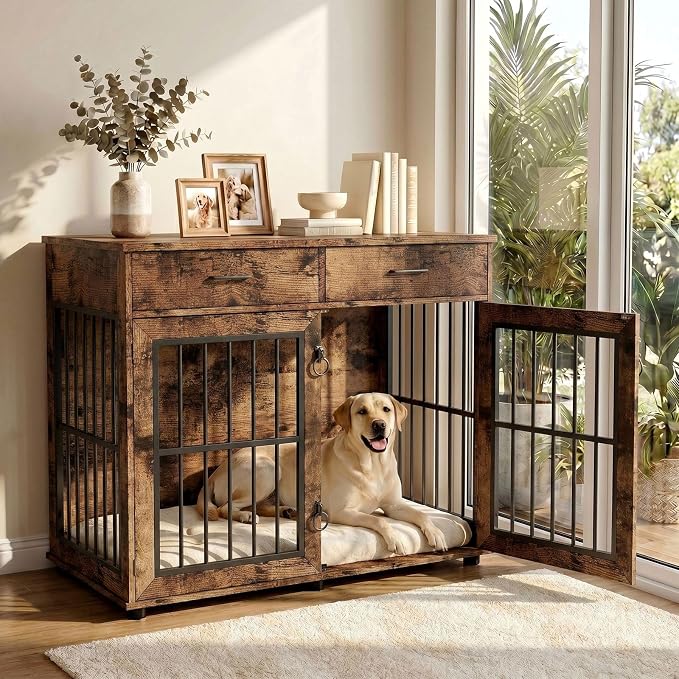 VOWNER 43.3" Large Dog Crate Furniture with 2 Drawers, Brown | Wooden Dog Kennel Furniture End Table with 3 Doors, XL Dog Kennel Indoor with Storage, Dog Cage TV Stand for Large Medium Dog