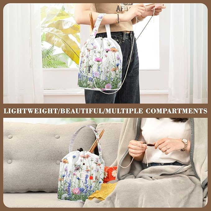 Tatenale Crochet Bag Yarn Bag Knitting Project Bag with Pockets and Handle Portable Yarn Storage Organizer Tangle Free 8.3x11 InchWildflower Blomming27