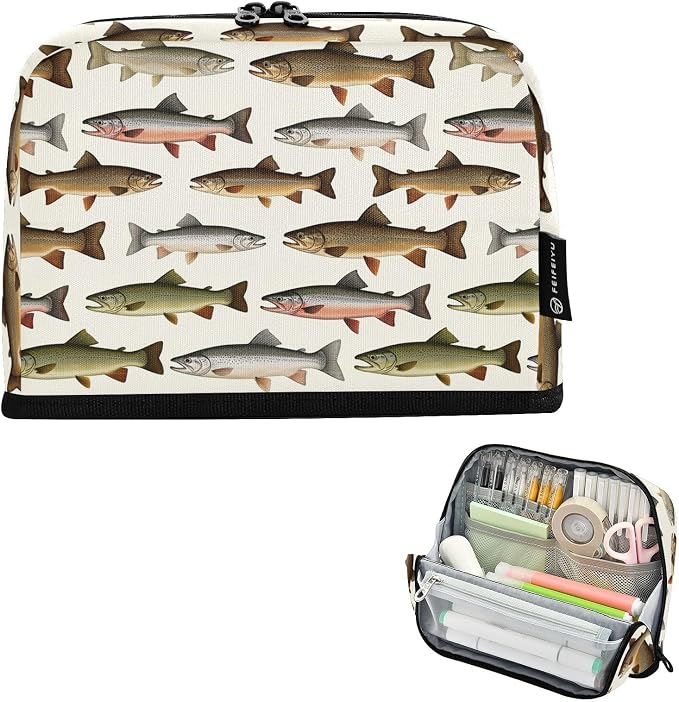 Aslsiy Large Capacity Pencil Case Retro Fish (2) Pencil Pouch for Boys Girls Portable Pen Bag Organizer Standing Makeup Bag for School Office Supplies
