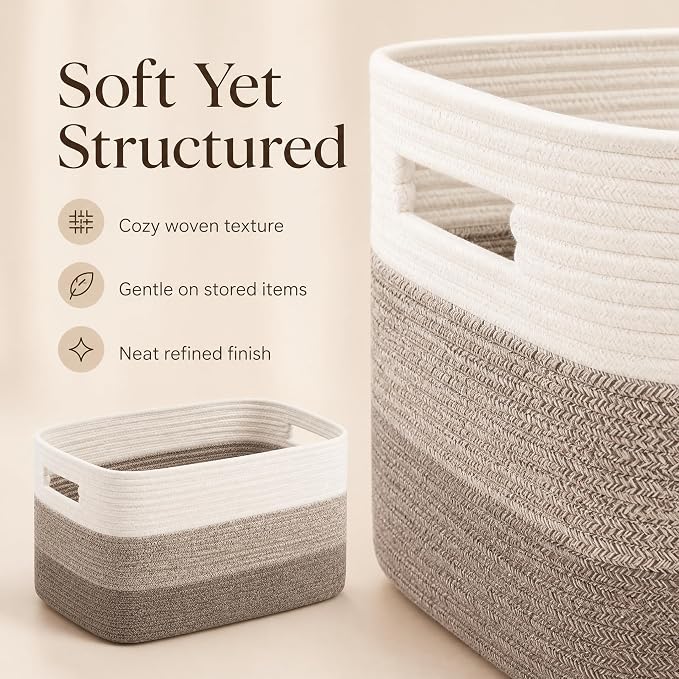 Cotton Rope Laundry Basket Medium, 15.4GAL Collapsible Woven Storage Baskets for Living Room Kids Toys Stuffed Animal Boho Rectangular Decorative Short Hamper for Dirty Clothes Blankets Gradient Brown