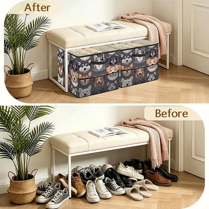 TropicalLife Cute Dog Faces Shoe Organizer for Closet | Foldable Shoe Storage Organizer Box Bin with Adjustable Dividers and Clear Cover, Fits up to 16-32 Pairs