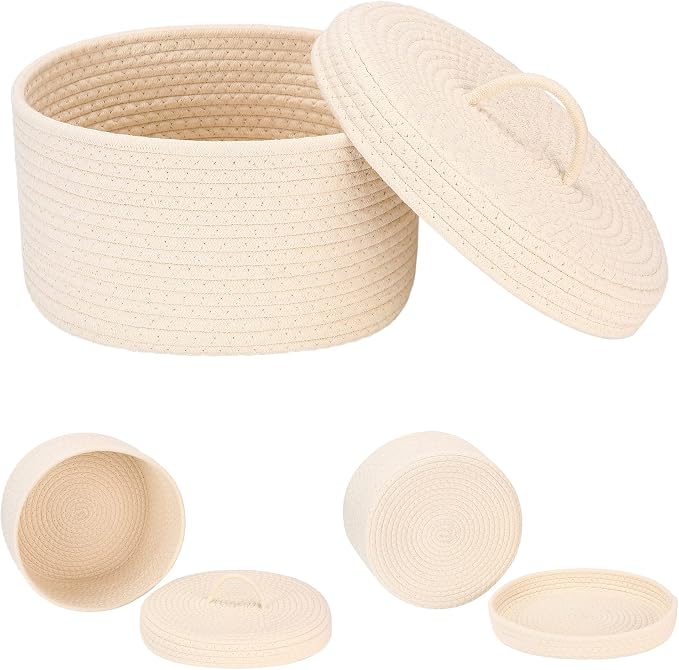 Sea Team Round Storage Basket, Woven Cotton Rope Basket with Lid, Cream | Decorative Knitted Storage Bin, Multi-Purpose Lidded Organizer for Closet Shelves, Nursery and Household Storage