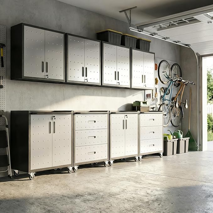 Garage Cabinet System | Heavy Duty Steel All-in-One Modular Garage Cabinet Set for Ultimate Workshop Organization | Easy Assembly Garage Storage Cabinets & Tool Bench