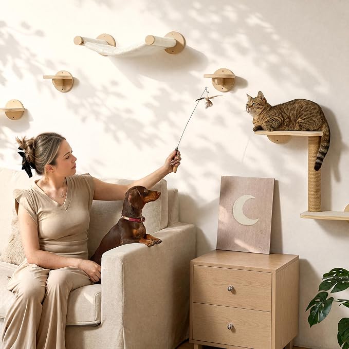 FUKUMARU Cat Wall Shelves, 5 in 1 Set, Beige | Stable Wooden Wall-Mounted Furniture Set, Kitty Climber with Hammock, House, Steps, Scratching Post
