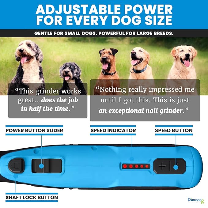 Diamondg Cordless Dog Nail Grinder with Quiet Sound & LED Tip for Large & Small Dogs, 4hrs. Runtime - Electric Dog Nail Trimmer, Heavy Duty Rotary Tool Alternative to Toenail Clippers & Filers