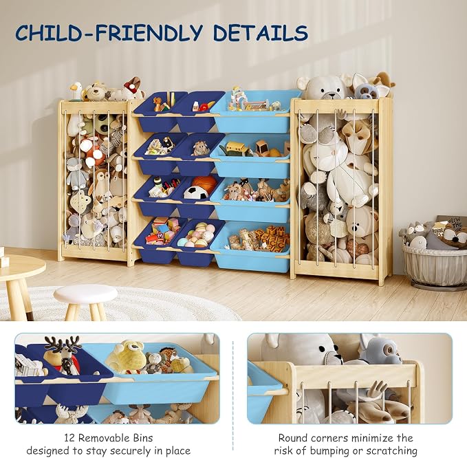EXPERLAM Large Toy Storage Organizer, Wooden Stuffed Animal Storage & 12-Bins Toy Organizer, Double-Sided Plush Toy Holder Featuring Thicker Ropes, Space Save Bedroom Nursery Playroom Storage, Blue
