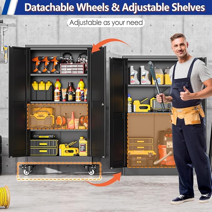 GAIOUS Metal Garage Storage Cabinet with Lock and Wheels, 45.7" Tall Metal Storage Cabinets with Locked Door and 3 Adjustable Shelves, Rolling Tool Cabinet, Utility File Cabinet for Home Office, Black