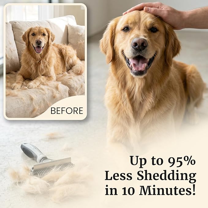 2-in-1 Deshedding Brush and Dematting Rake for Dogs – Double Coat Undercoat Grooming Tool for Medium to Large Breeds, Reduces Shedding by Up to 95%