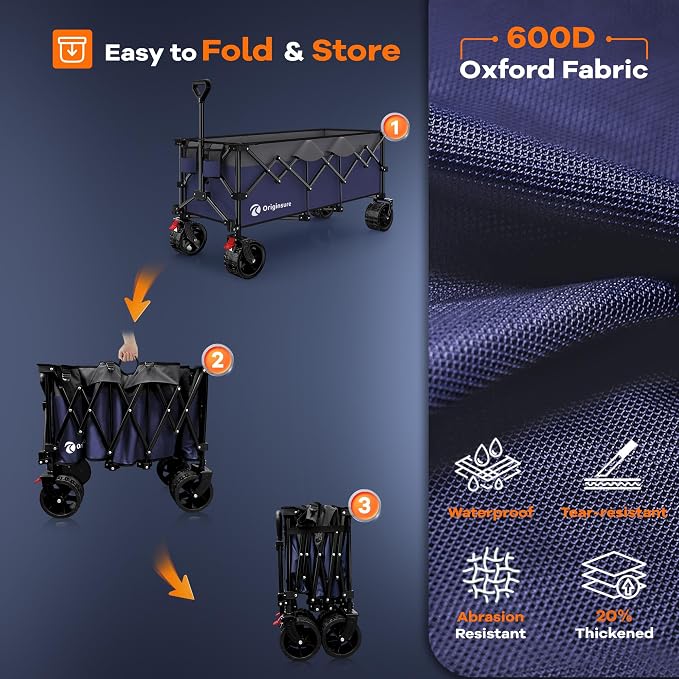 Originsure 300L Beach Wagons Carts Foldable with Big Wheels, 560lbs, Purple | 48" Folding Utility Wagon,7" All-Terrain Wheels,Heavy Duty Frame,Compact&Space-Saving,for Camping,Sports,Grocery,Garden