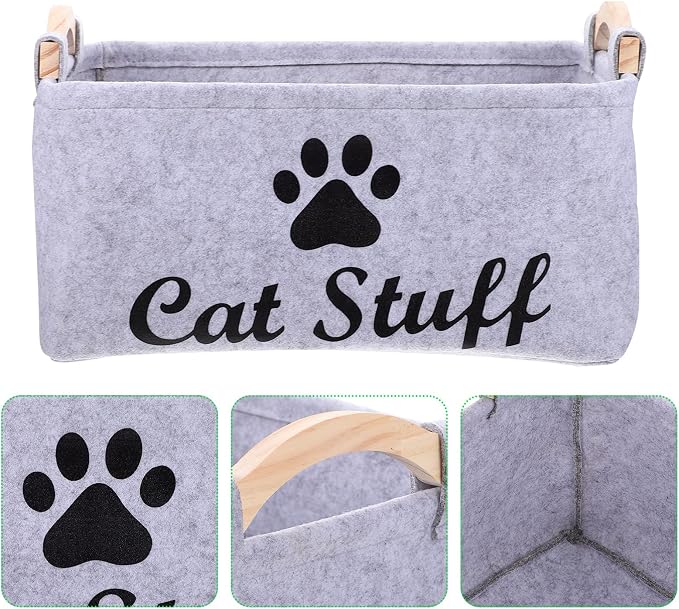 balacoo Cat Toy Storage Bin Fabric Pet Accessory Organizer Felt Basket Chest Organizer Container with Wooden Handle for Dog Rope Toys Blankets Leashes Clothing Grey