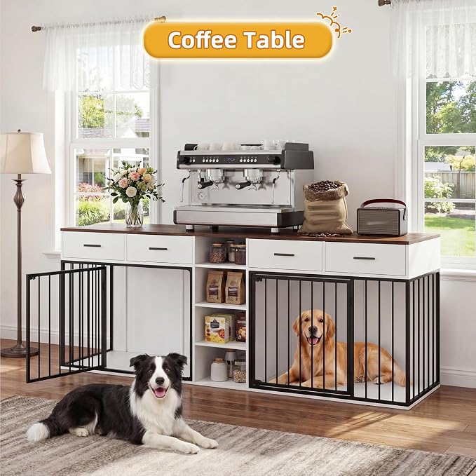 82 Inch Double Dog Crate Furniture for 2 Medium/Large Dogs, White | Extra Large Indoor Wooden Kennel, 4 Drawers & 4 Shelves, Heavy Duty Dog Crate TV Stand, Removable Divider