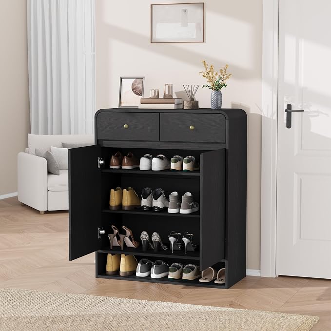 Garvee Shoe Cabinet with 2 Doors and 2 Drawers, Freestanding Wood Shoe Storage Organizer with Open Bottom Shelf, Modern Entryway Shoe Cabinet for Hallway, Foyer, Black