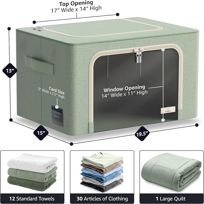 Sorbus Clothing Storage Bins with Clear Window, Metal Frame (2 Pack, Teal) | Oxford-fabric containers with carry handles stack neatly to organize bedding and linens in closets and laundry rooms.