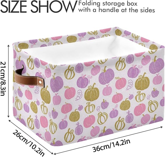 Wamika Pumpkin Pink Purple Storage Basket with Waterproof Liner and PU Handles Fall Thanksgiving Day Storage Bins Boxes 14.2" Collapsible Decorative Organizer Baskets for Bedroom Closet Office 2 Pack