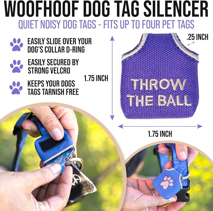 Woofhoof Dog Tag Silencer, Throw The Ball - Quiet Noisy Pet Tags - Fits Up to Four Pets IDs - Dog Tag Cover Protects Metal Pet IDs, Made of Durable Nylon, Universal Fit, Machine Washable