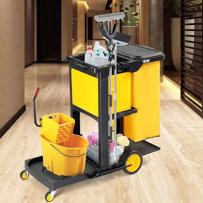 TUFFIOM Janitorial Cart with Key-Locking Cabinet, 3-Shelf Commercial Cleaning Cart, Housekeeping Caddy with Locker,Wheeled with Yellow Vinyl Bag, Black, Great for Hotel, Stores, Schools, and Business
