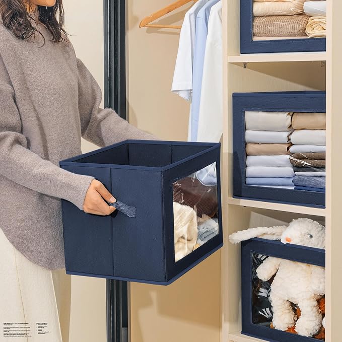 Stackable Storage Bins with Lids - Large Storage Box with Lids, Foldable Closet Boxes for Organizing, Wardrobe Clothes Organizer with Window, Cubes Bins for Living Room, 3 Pack, Navy Blue