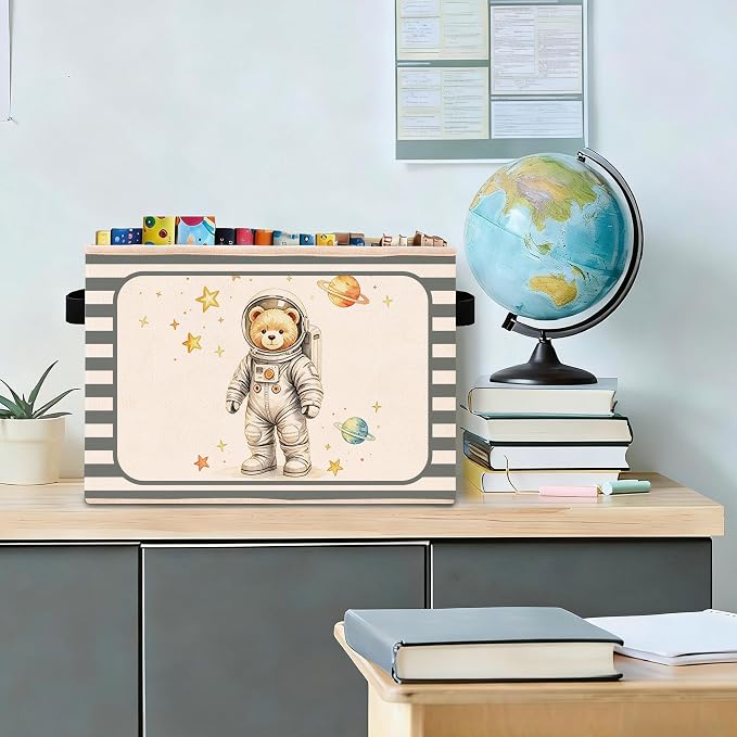 Astronaut Bear Storage Bin, Blue Gray Stripe Foldable Fabric Basket | Space teddy bear collapsible fabric organizer for nursery, bedroom, playroom, toys, books, and clothes
