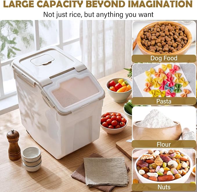 Sunnyray 6 Pcs 55 Lbs Flour Storage Container Bin,Rice Storage Containers with Wheels Seal Locking Lid, BPA Free with Measuring Cup Scoop for Rice Grain Pet Food Flour (Beige)