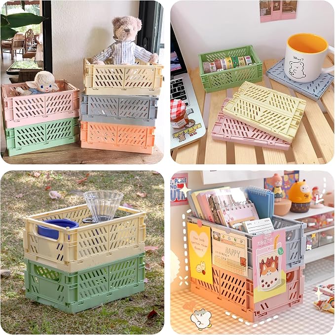 4 Pcs Collapsible Storage Crates, 10x6.5x4 inches Space-Saving Folding Containers, Stackable Plastic Boxes for Home Kitchen Office Bedroom Bathroom, Light Blue, Medium