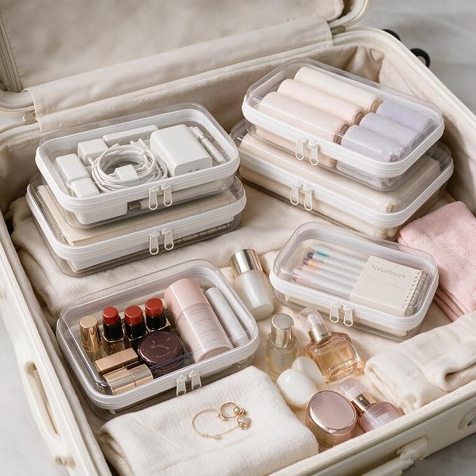 4 pcs Clear Hard Shell Zipper Case, White | Water-Resistant, Travel Makeup Bag, Diaper Bag Organizer Pouches, Clear Toiletry Bags