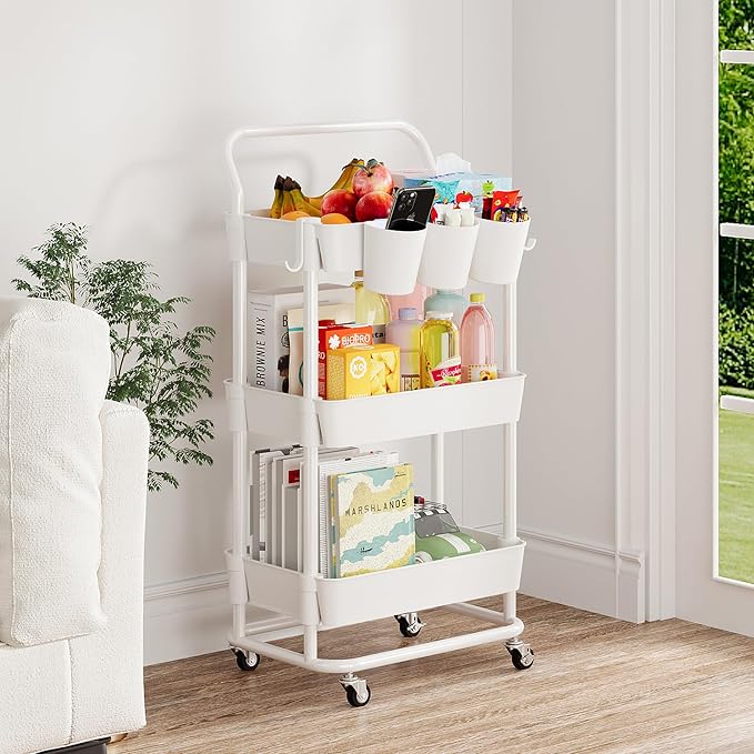 Buzowruil 3-Tier Rolling Utility Cart, Storage Cart with Handle Multi-Purpose and Locking Wheels,with Hanging Basket and Hook for Office, Kitchen, Bathroom,White