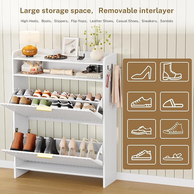 Fluted Shoe Storage Cabinet for Entryway with Adjustable Shelves | 9.45"Deep,Freestanding Shoes organizer,Adjustable & Removable Shelves,2 Hooks,Anti-tip Device,White