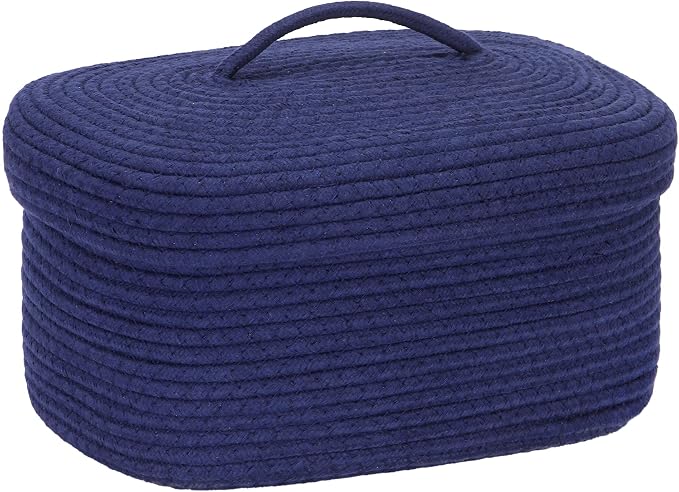 Sea Team Oval Storage Basket, Woven Cotton Rope Basket with Lid, Navy | Decorative Knitted Storage Bin, Multi-Purpose Lidded Organizer for Closet Shelves, Nursery and Household Storage
