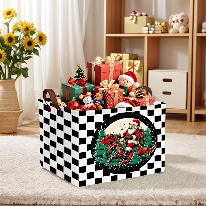 Empty Large Christmas Basket for Gifts Women Collapsible Storage Bin Kids Toy Box Holiday Décor (Checkered Dinosaur)