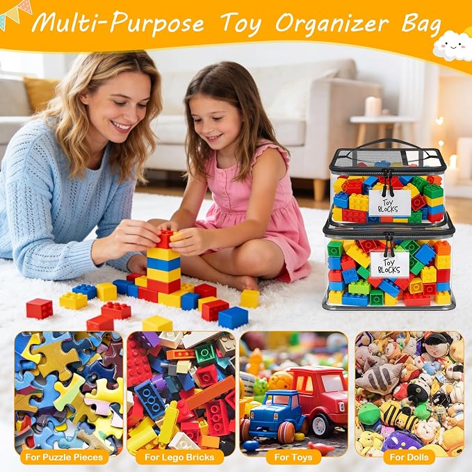 6 Pack Large Toy Storage Bags, Clear Toy Organizer with Labels Ages 3+ | Waterproof PVC Toy Organization and Storage, Suitable for Storing Building Blocks, Puzzles, Dolls and Board Games