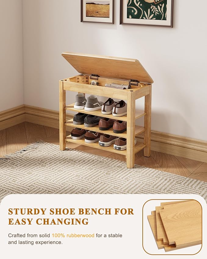 IUNVR Shoe Rack Bench Seat Rubberwood 3-Tier Wooden Storage Bench 550lbs Compact Mid-Century Modern Design for Entryway, Hallway, Closet, Front Door Entrance, Foyer