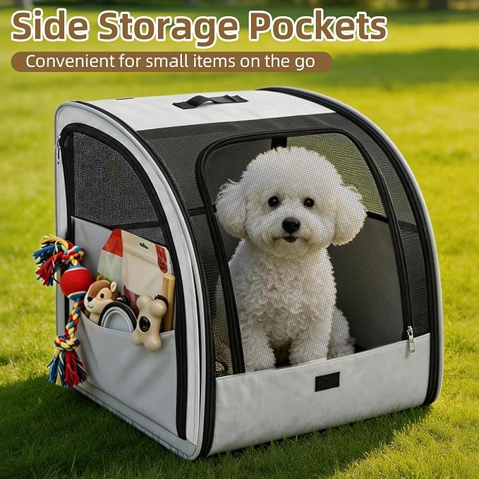 Dog Car Seat for Small Medium Dogs & Cats, Soft-Sided, Gray | Collapsible Pet Travel Carrier, Breathable Mesh, Car Kennel Secured with Seatbelt, Washable Pad, Enclosed Backseat Dog Crate