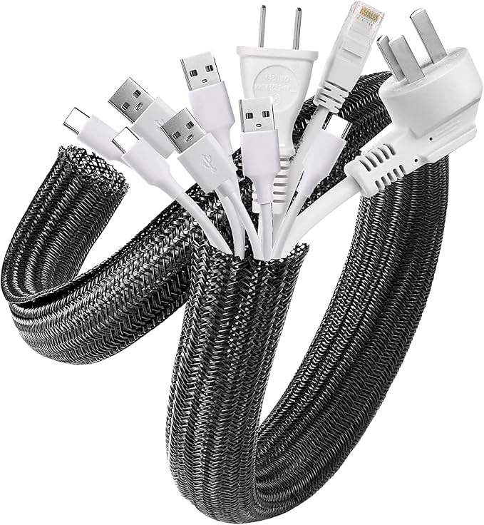 AGPTEK Cable Sleeve, 10ft - 1.5 inch Cable Management Cord Hider, Black | Desk Cord Cover Organizer Wire Hider for Office Computer TV Wire Loom Tubing Pet-Proof Cord Protector from Cat Dog Chewing