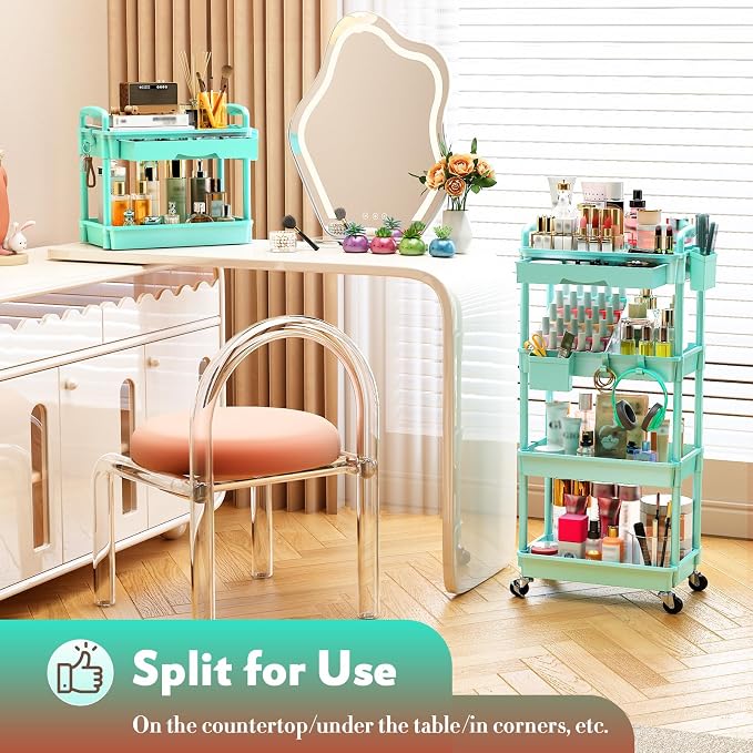 SUNALLY Makeup Cart Organizer with Drawer, 4 Tier Rolling Makeup Cart, Blue | Rolling Vanity Storage for Skin Care Perfume Nail Polish, Floor Skincare Organizers Cosmetics Display Bathroom Storage Cart