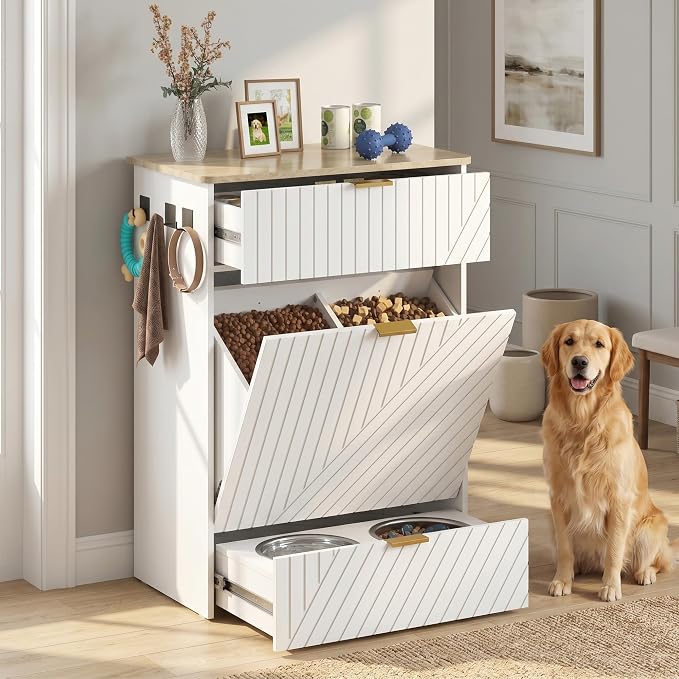 Dog Feeding Station Cabinet, Elevated Bowls with Slow Feeder Insert, White | Slow Feeder Insert, Large food bin, Removable Divider, 3 Side Hooks, Pull-Out Drawer, Easy to Clean for Small & Middle Dogs