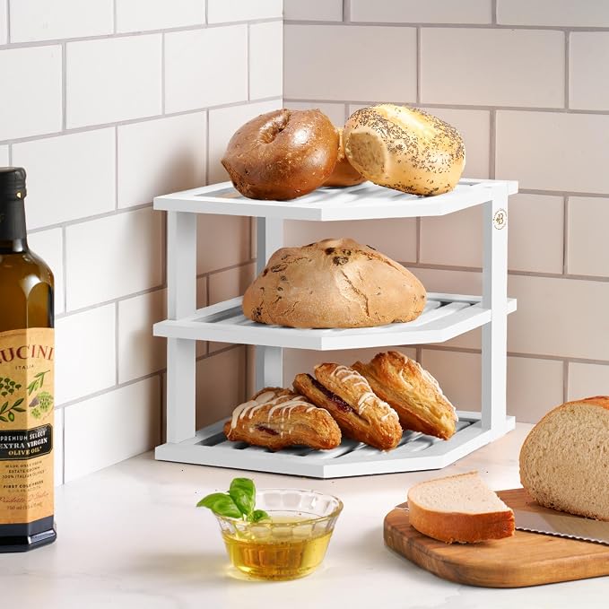 White Plate Organizer for Cabinet - 3 Tier Bamboo Corner Cabinet Organizer Shelf for Plates Bowls Mugs Cups, Kitchen Cabinet Organizer, Cabinet Shelf Organizer, Countertop Rack, 10 x 10 x 9.5 Inch