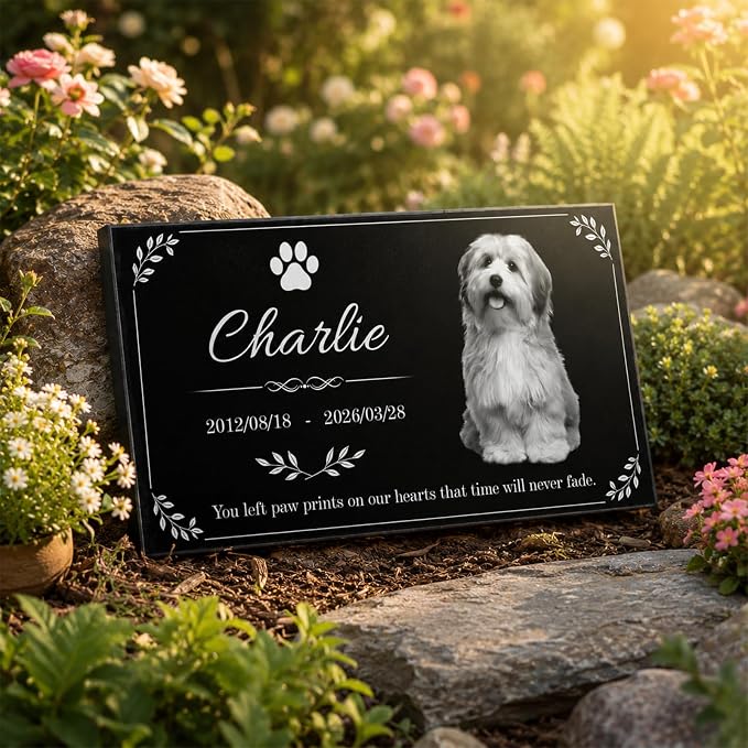 Personalized Pet Memorial Stone, Custom Granite Pet Grave Marker | for Dogs & Cats , Engraved Memorial Plaque with Photo Name Dates & Message, Indoor Outdoor Garden or Tabletop Display