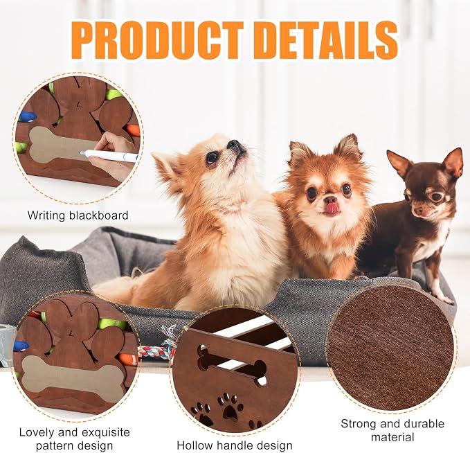 Cinnvoice Large Dog Toy Basket Wood Dog Toy Bin Storage Box with Handles and Label Position Design Large Organizer with Paw Pattern Print for Pets Toys Food Blankets Clothes 18"x12"x10" (Dark Brown)